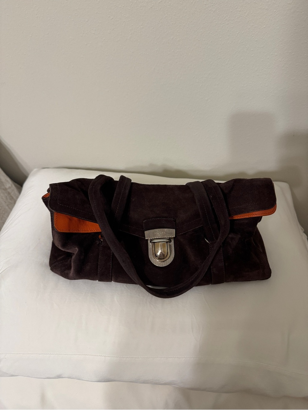 Vintage PRADA Suede Fold-Over Satchel Bag in Dark Brown & orange leather lining